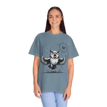 Owl Saying “No” Graphic T-Shirt — Bold Monochrome Illustration