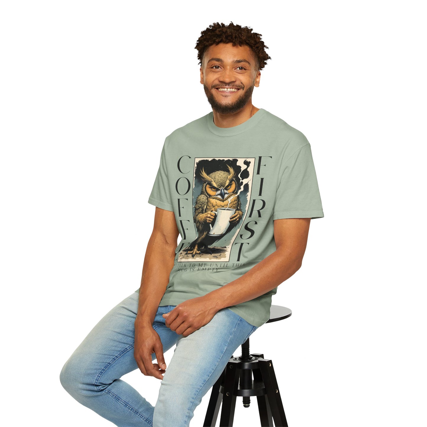Coffee First Owl T-Shirt — Vintage Owl Holding  Graphic Tee