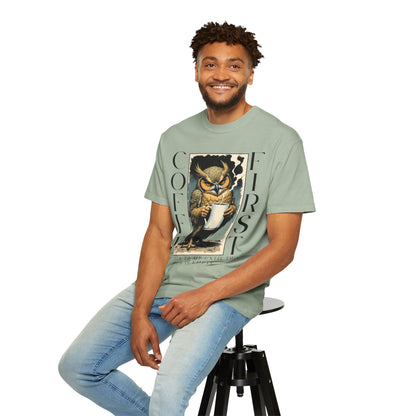 Coffee First Owl T-Shirt — Vintage Owl Holding  Graphic Tee