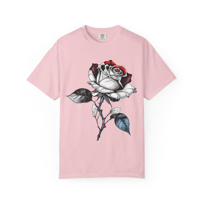Rose Sketch T-Shirt — Black & Red Botanical Graphic Tee