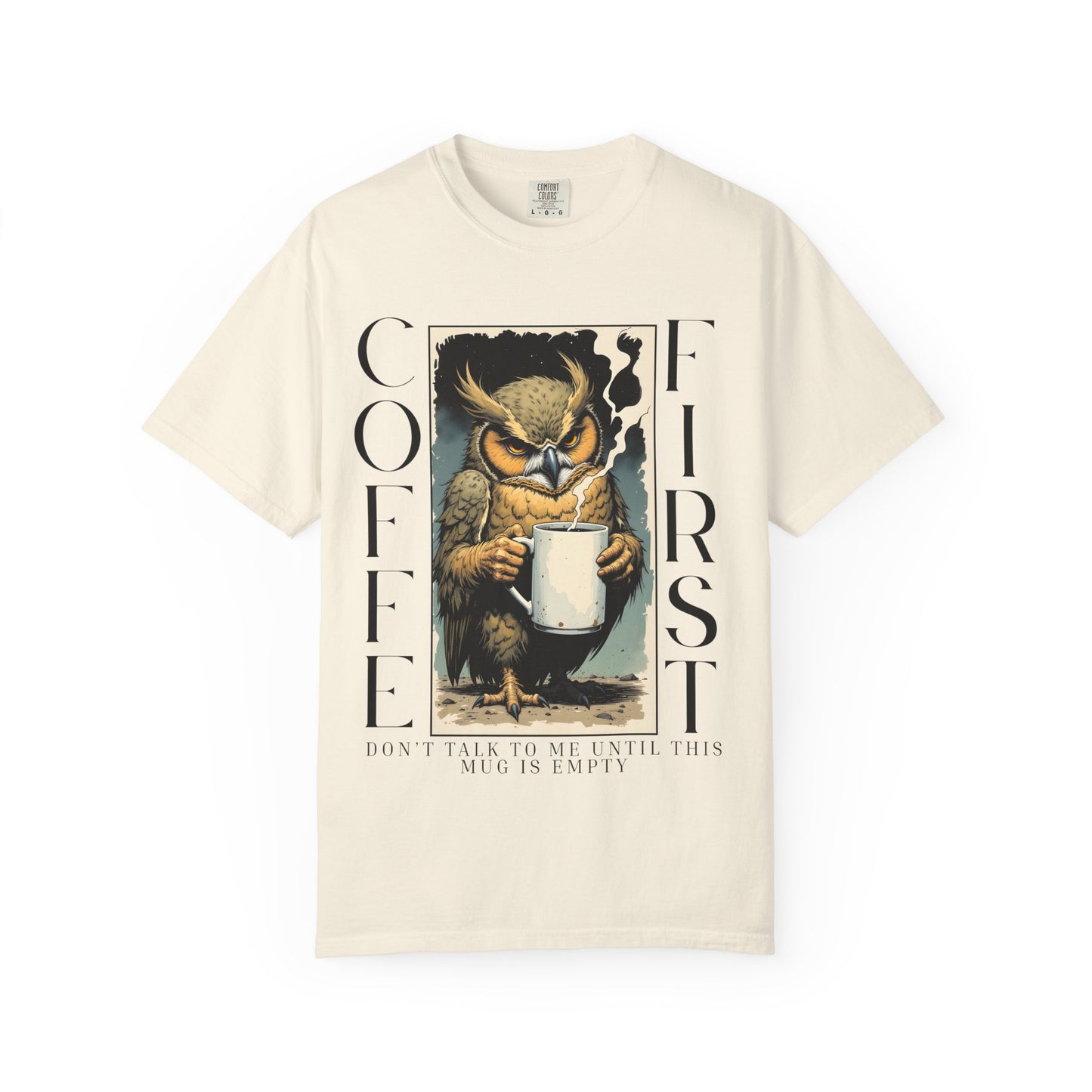 Coffee First Owl T-Shirt — Vintage Owl Holding  Graphic Tee