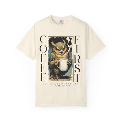 Coffee First Owl T-Shirt — Vintage Owl Holding  Graphic Tee