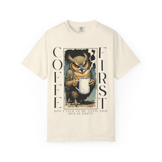 Coffee First Owl T-Shirt — Vintage Owl Holding  Graphic Tee