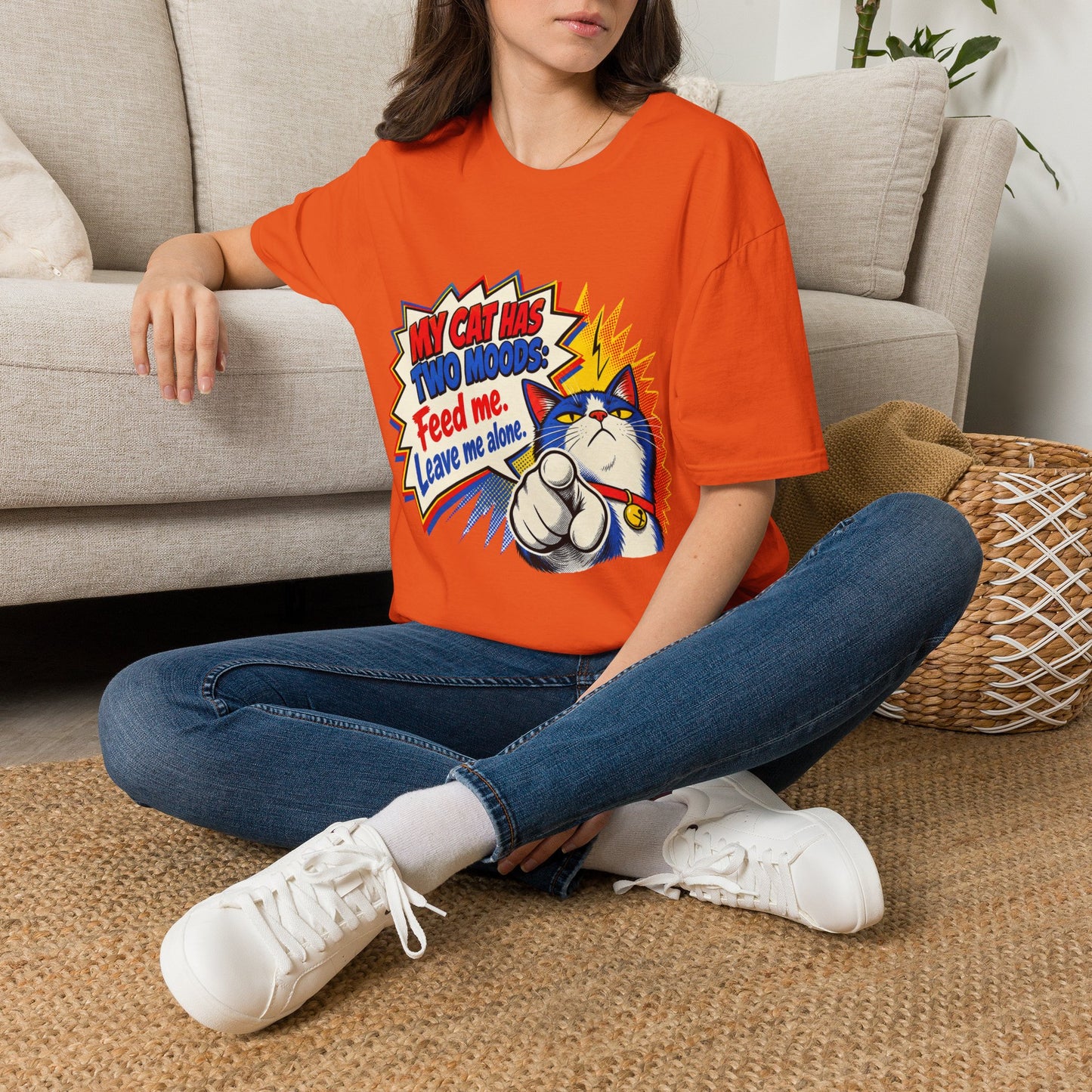 Cat T-Shirt — "My Cat Has Two Moods: Feed Me, Leave Me Alone" Funny Retro Comic Tee