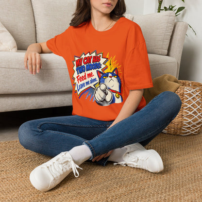 Cat T-Shirt — "My Cat Has Two Moods: Feed Me, Leave Me Alone" Funny Retro Comic Tee