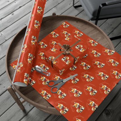 Christmas Corgi Gift Wrap Paper — Red Holiday Wrapping Paper with Cute Corgi Dogs