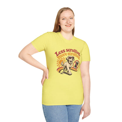 Less Scrolling More Strolling T-Shirt — Retro Dog Walk Graphic Tee