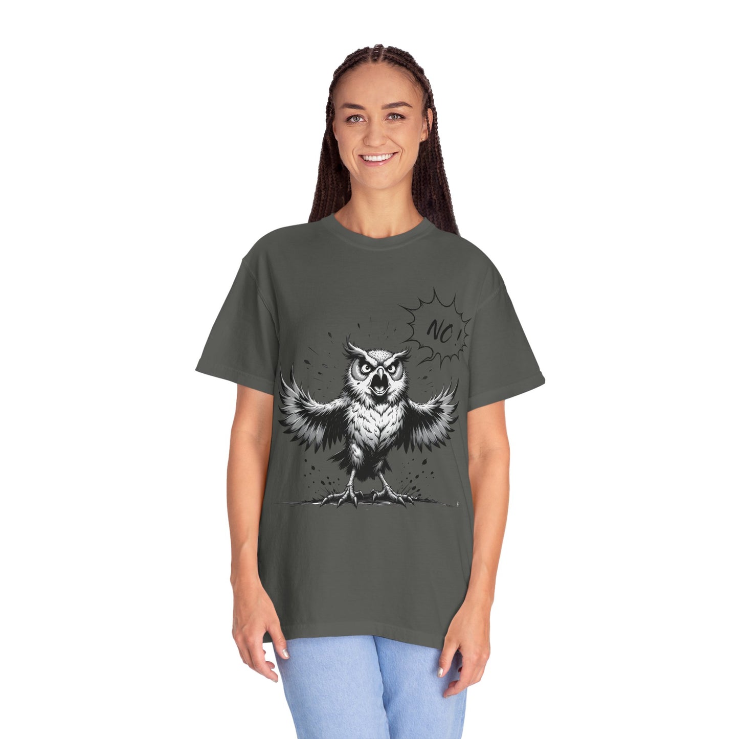 Owl Saying “No” Graphic T-Shirt — Bold Monochrome Illustration