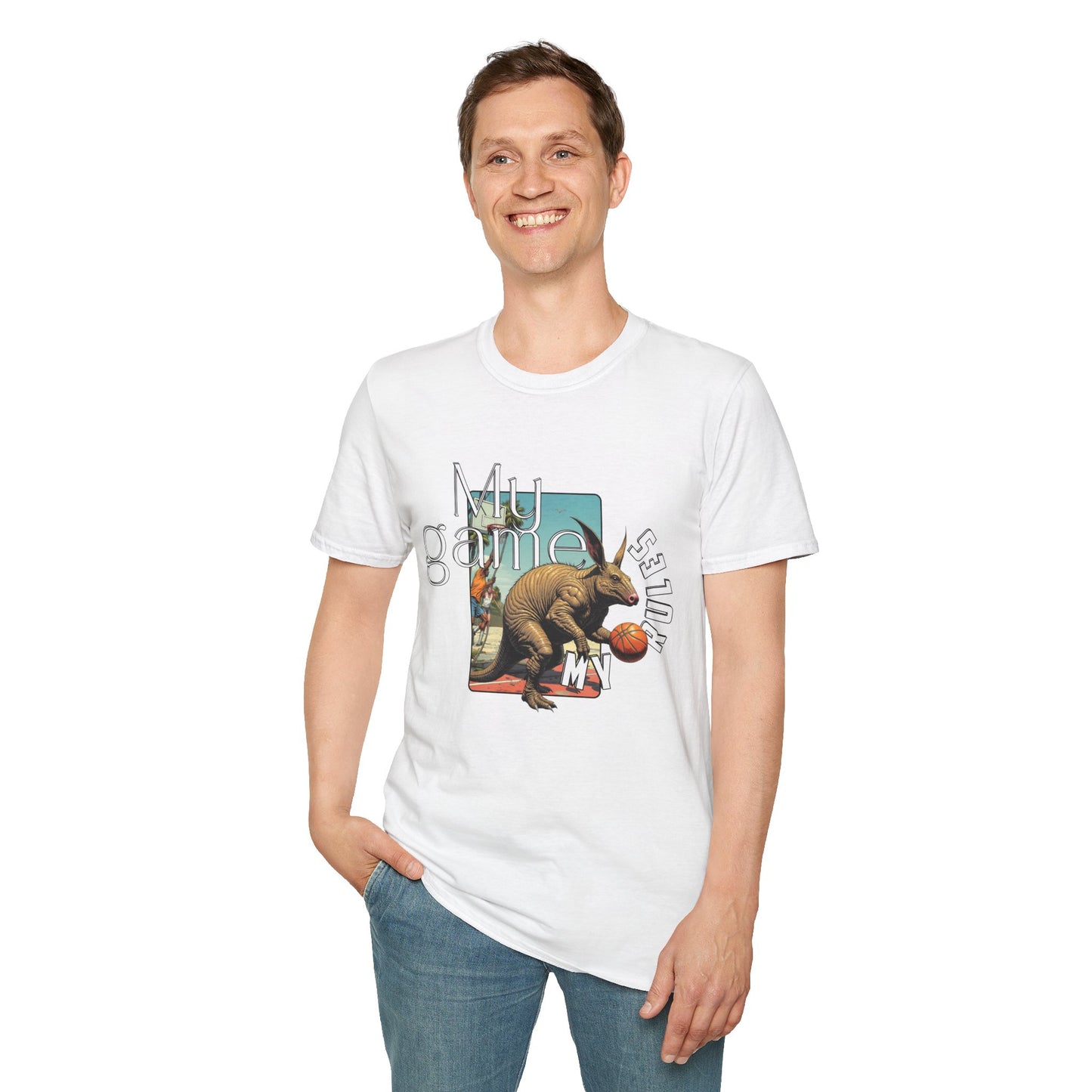Retro Dinosaur Basketball T-Shirt - Fun Graphic Tee for Sport Enthusiasts, armadillo