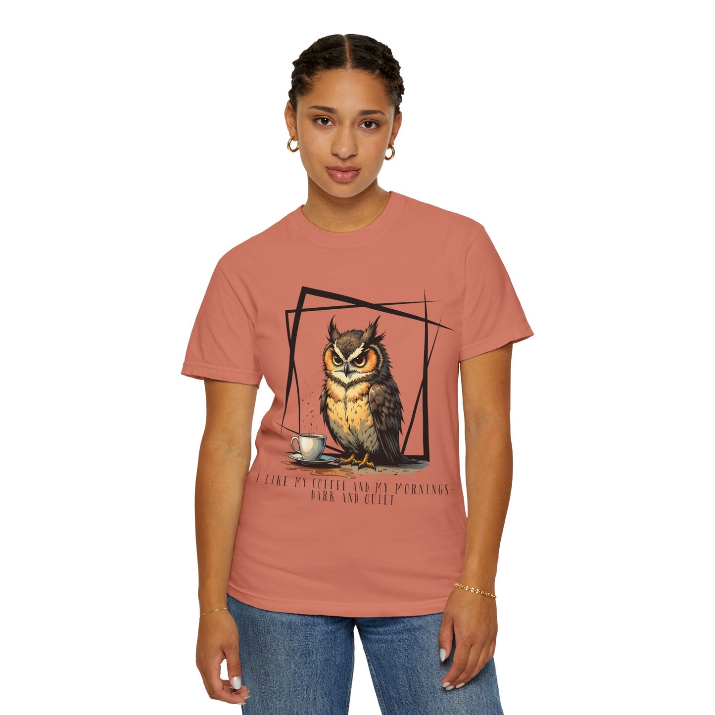 Owl & Coffee Graphic T-Shirt — 'A Day to Coffee and Contemplate'