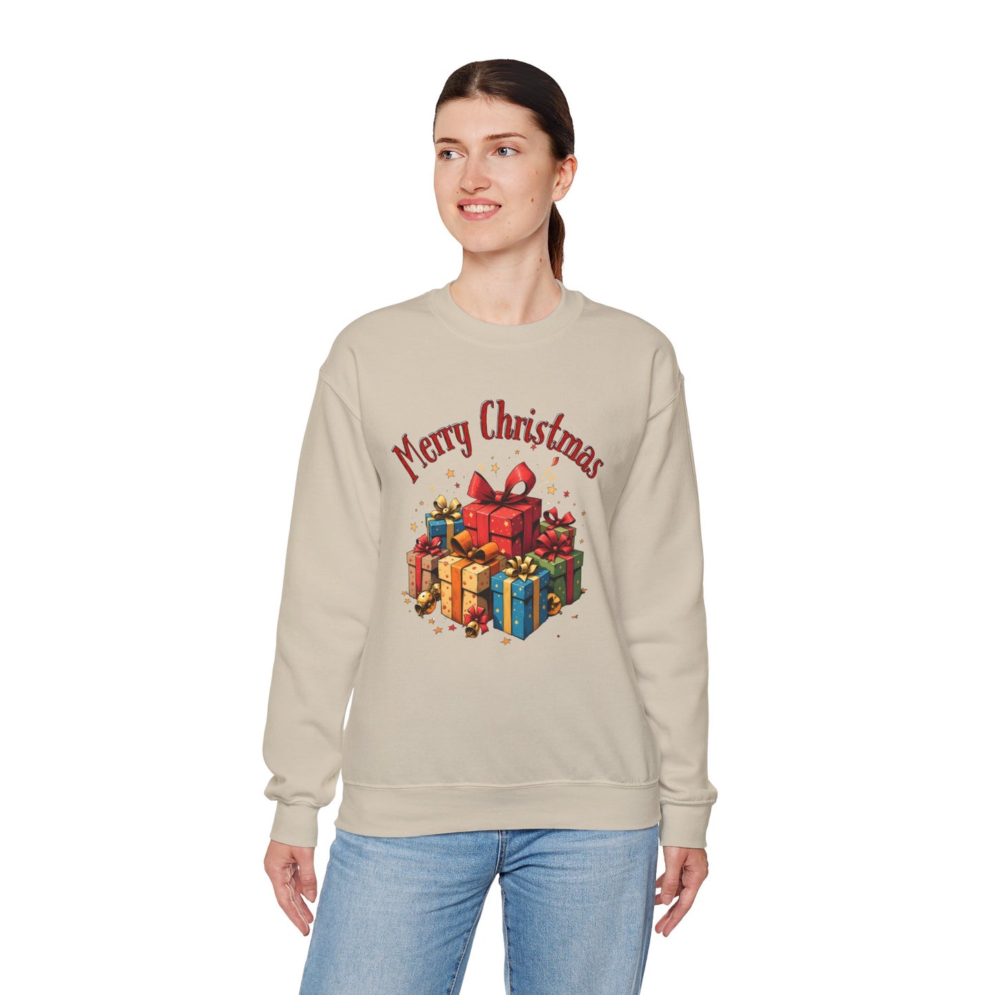 Christmas Crewneck Sweatshirt — "Merry Christmas" with Festive Gift Pile