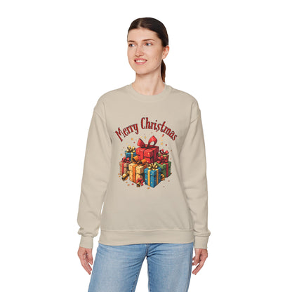 Christmas Crewneck Sweatshirt — "Merry Christmas" with Festive Gift Pile