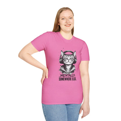 T-Shirt — Cat with Headphones "Mentally: Somewhere Else" – Cute Relaxed Graphic Tee for Cat Lovers