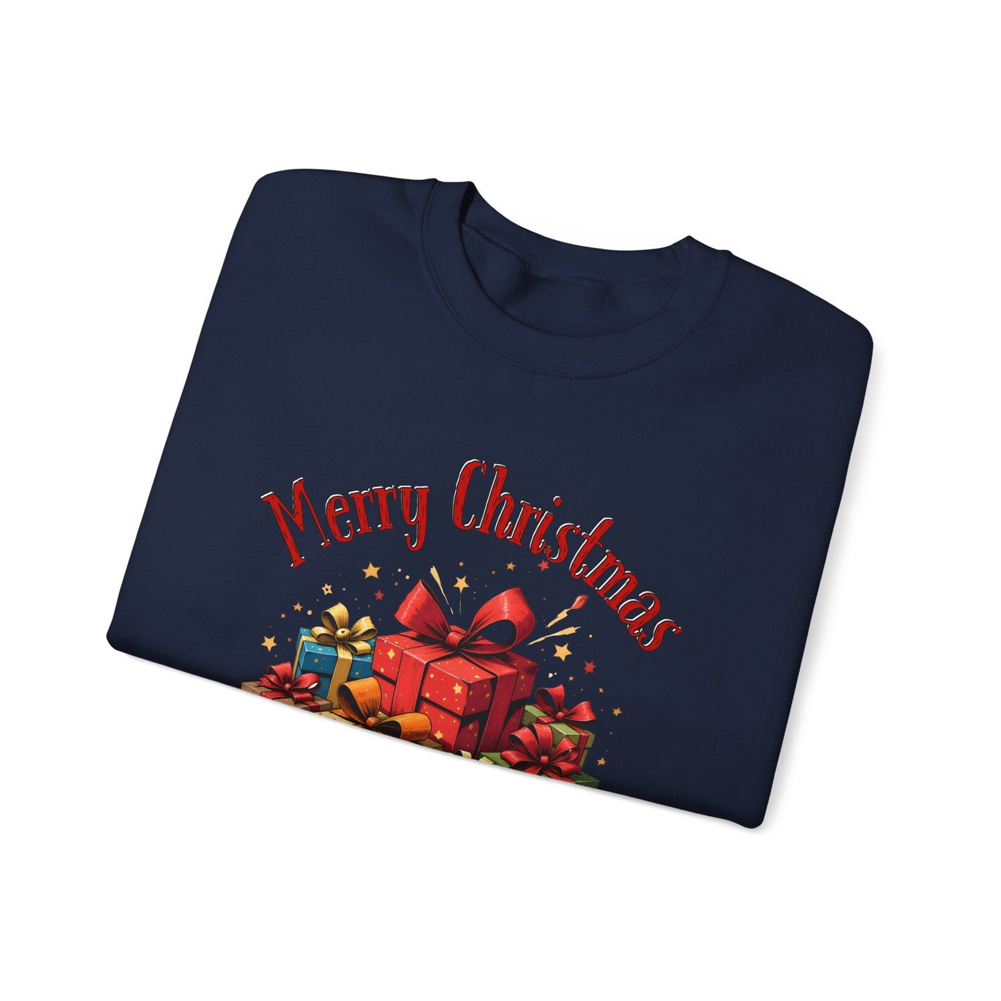 Christmas Crewneck Sweatshirt — "Merry Christmas" with Festive Gift Pile
