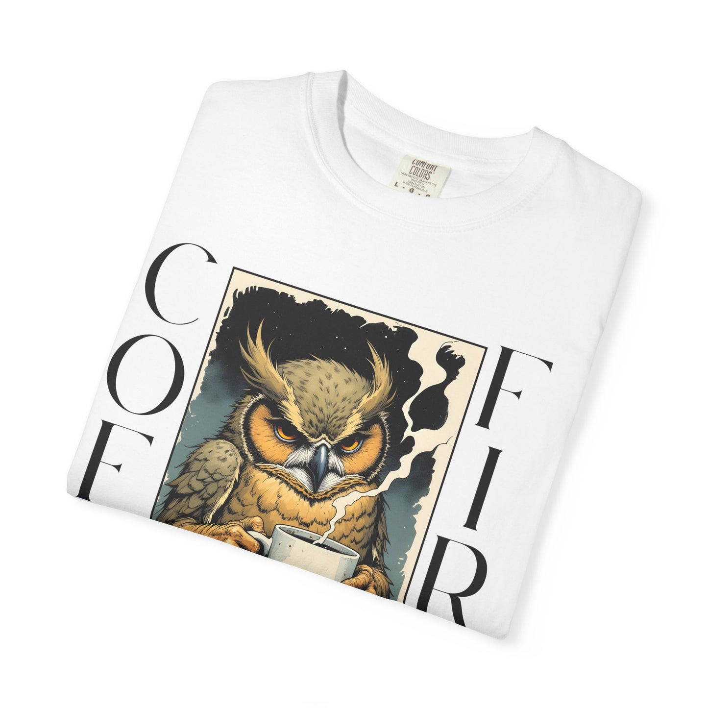 Coffee First Owl T-Shirt — Vintage Owl Holding  Graphic Tee