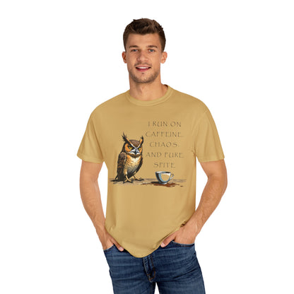 Owl & Coffee T‑Shirt — "I Run On Caffeine, Chaos, And Pure Spite" Graphic Tee