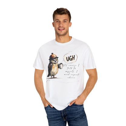 “Ugh” Owl Coffee T-Shirt — Cute Illustrated Owl Saying “UGH” with Coffee