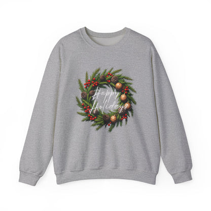 Christmas Wreath Crewneck Sweatshirt – Festive Pine & Ornaments Holiday Sweater