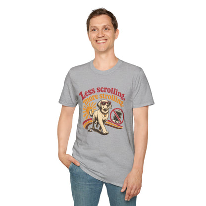Less Scrolling More Strolling T-Shirt — Retro Dog Walk Graphic Tee