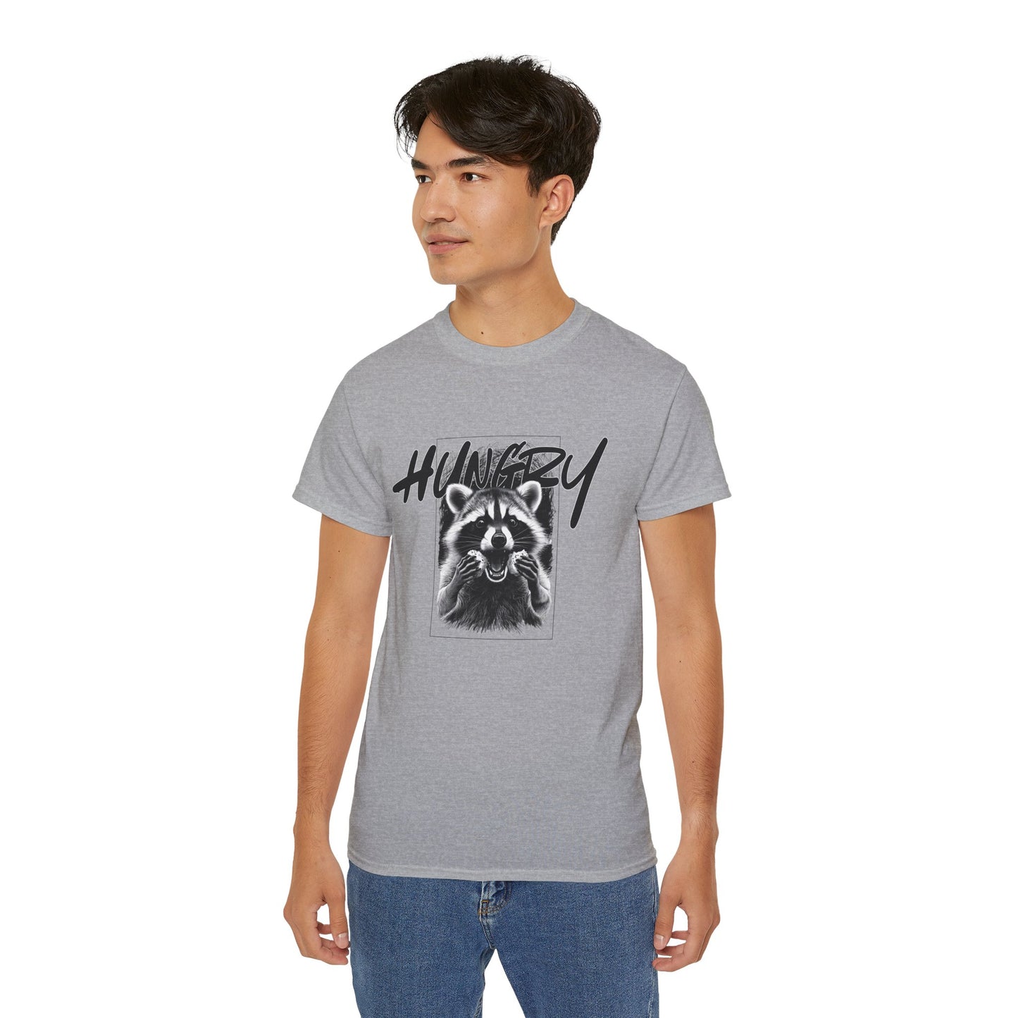 Hungry Raccoon Graphic Tee – Vintage Black & White Animal T-Shirt