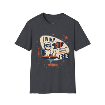 Cat T-Shirt — "Living with a Cat is Basically Having a Furry CEO" Retro Graphic