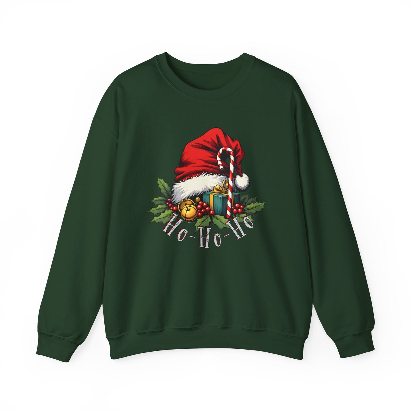 Christmas Sweatshirt - 'Ho-Ho-Ho' Santa Hat & Holly Holiday Crewneck