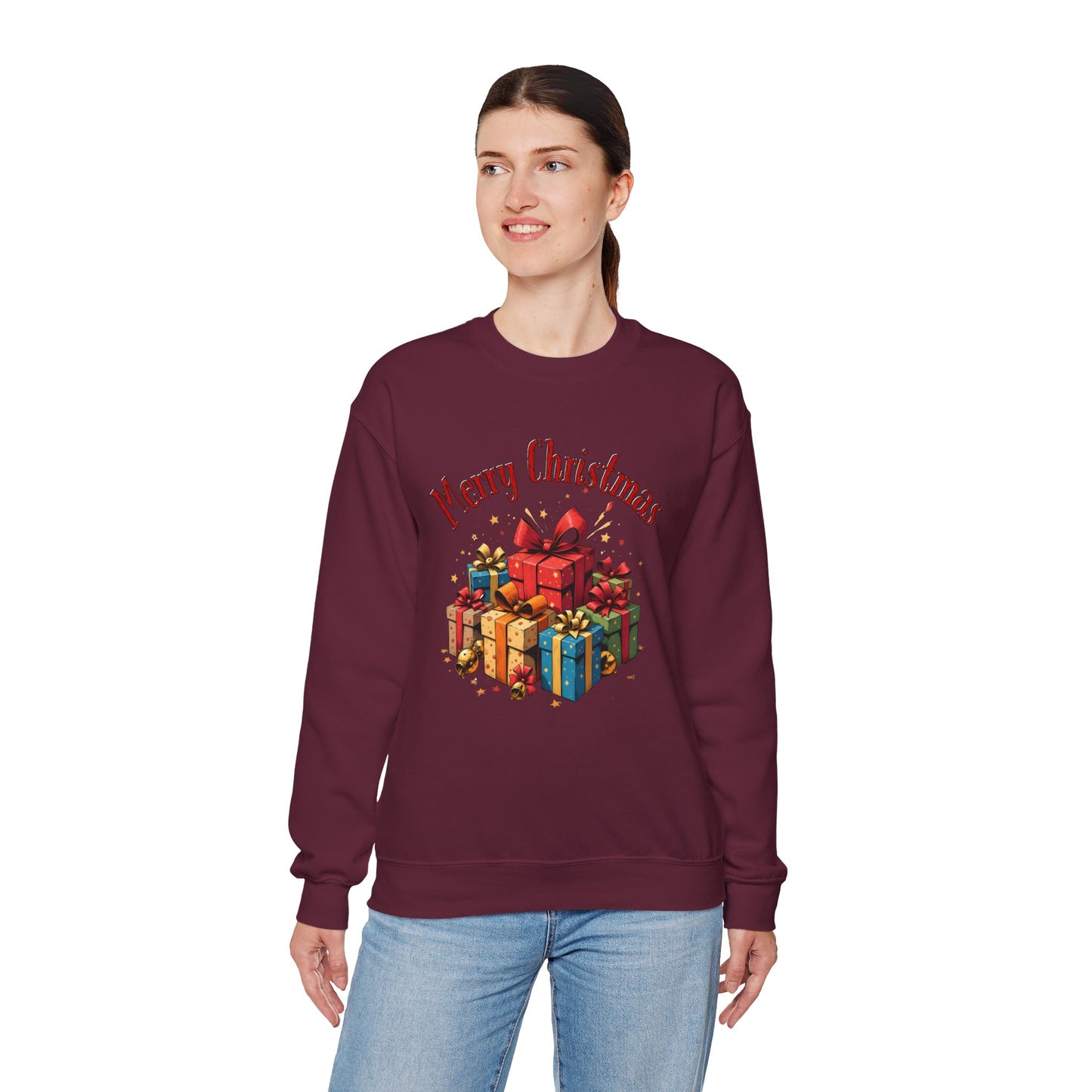 Christmas Crewneck Sweatshirt — "Merry Christmas" with Festive Gift Pile