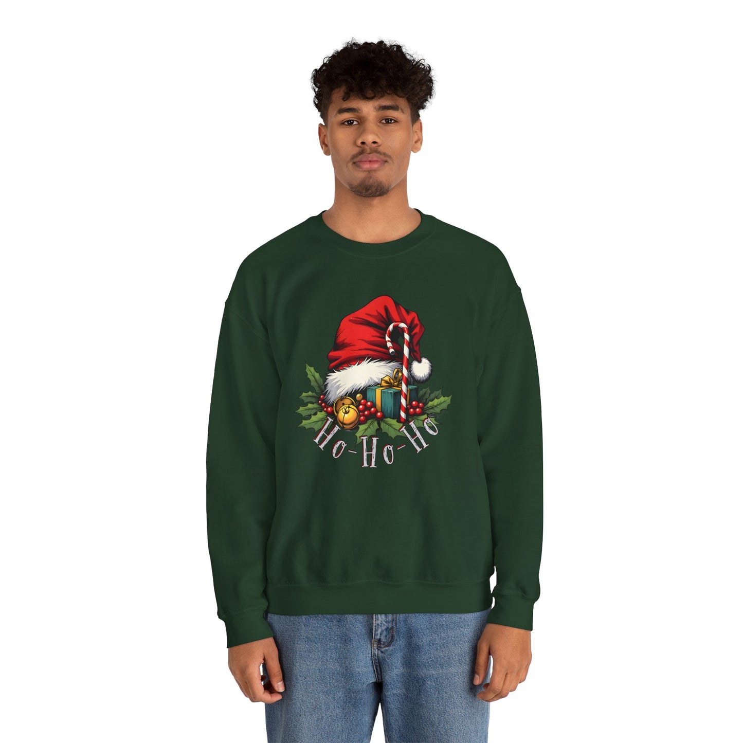Christmas Sweatshirt - 'Ho-Ho-Ho' Santa Hat & Holly Holiday Crewneck