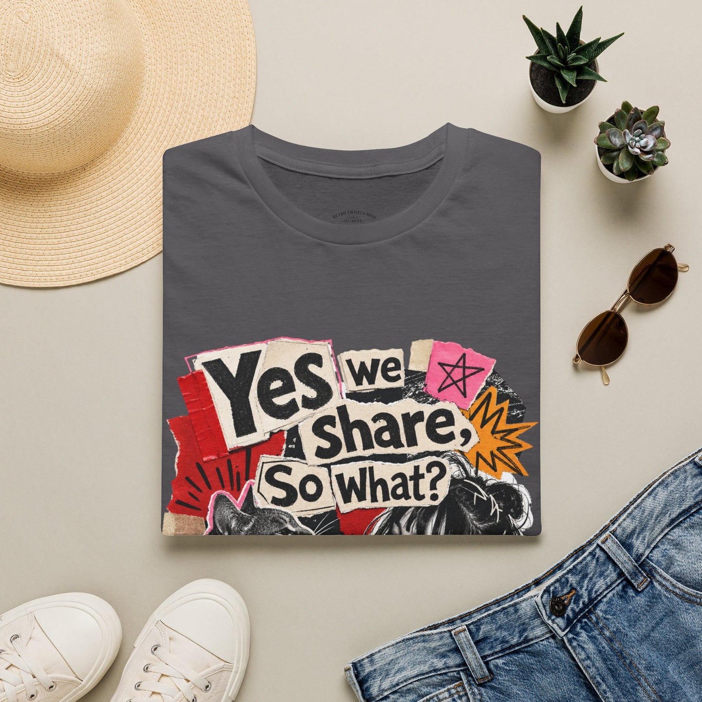 T-Shirt — "Yes We Share, So What?" Retro Collage Graphic Tee