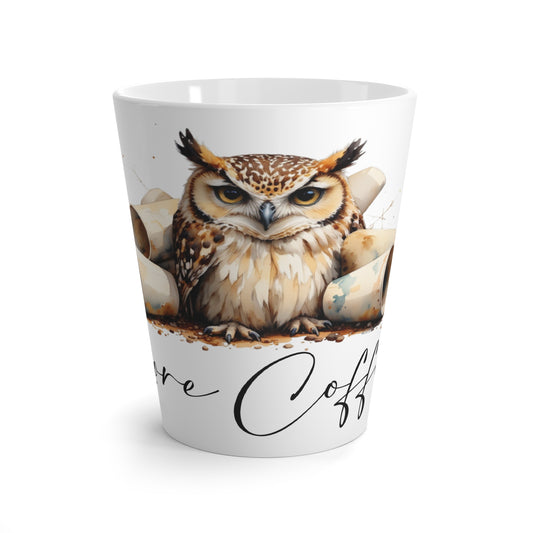 Latte Mug — 'More Coffee' Owl Illustration Ceramic Latte Cup