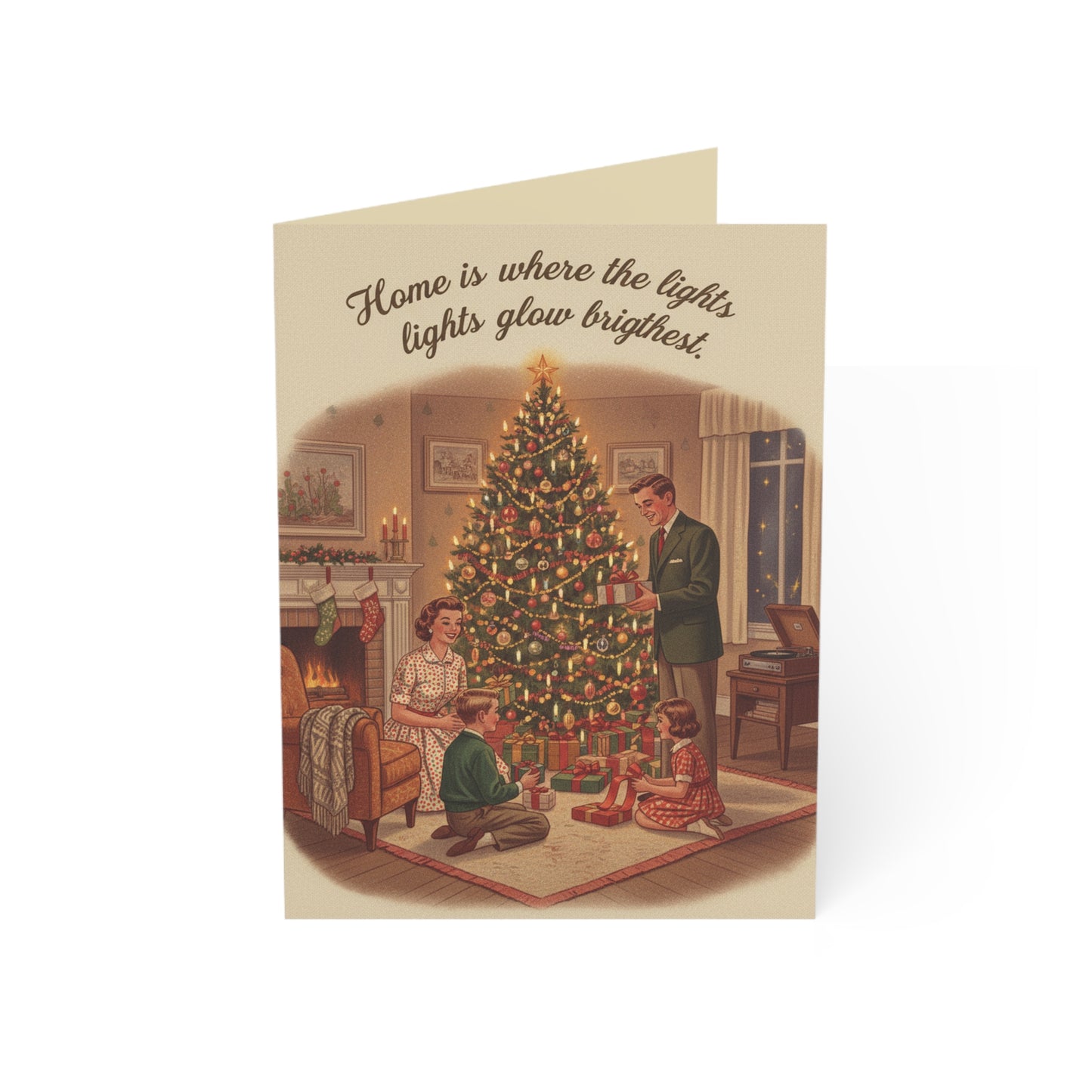 Vintage Christmas Greeting Cards – 'Home is Where the Lights Glow Brighter' Holiday Card Pack (1/10/30/50)