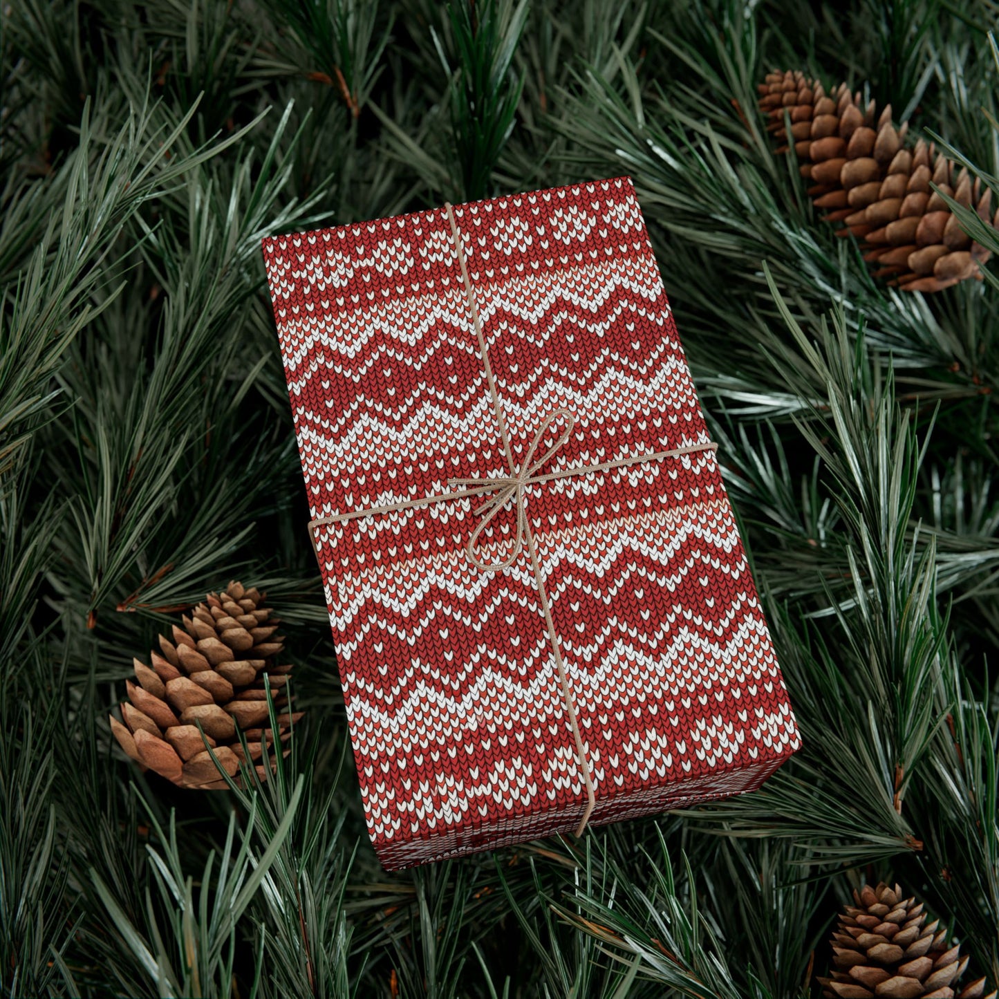 Holiday Knit-Pattern Gift Wrap Paper — Red Nordic Christmas Wrapping Sheets