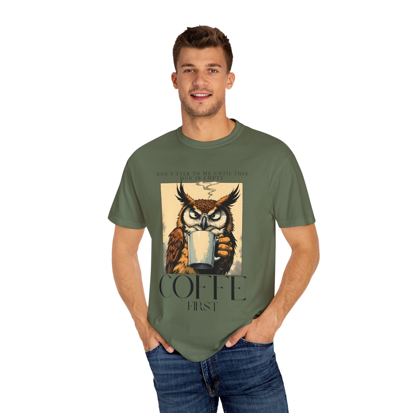 Coffee First Owl T-Shirt — Vintage Coffee Lover Graphic Tee