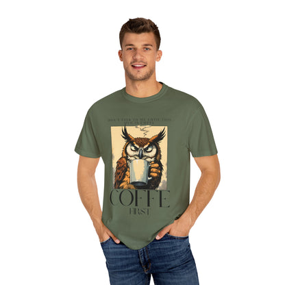 Coffee First Owl T-Shirt — Vintage Coffee Lover Graphic Tee