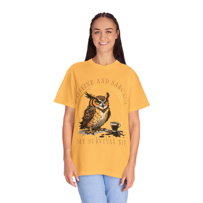 Coffee & Sarcasm Owl T-Shirt — "My Survival Kit" Graphic Tee