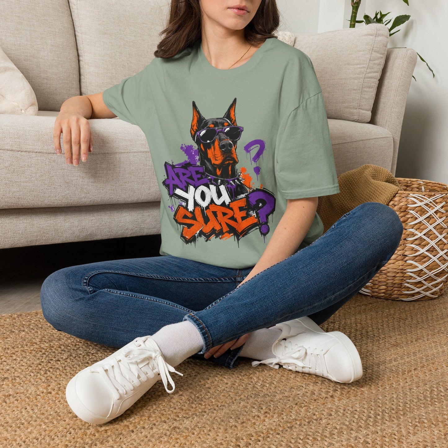 Doberman Graffiti T-Shirt — "You Sure?" Street Art Dog Tee