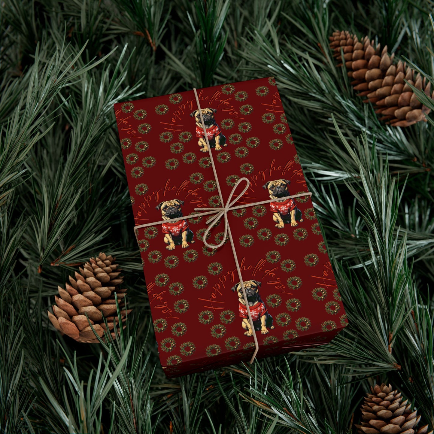 Pug Pattern Gift Wrap Paper — Vintage Floral Red Holiday Wrapping