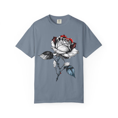 Rose Sketch T-Shirt — Black & Red Botanical Graphic Tee