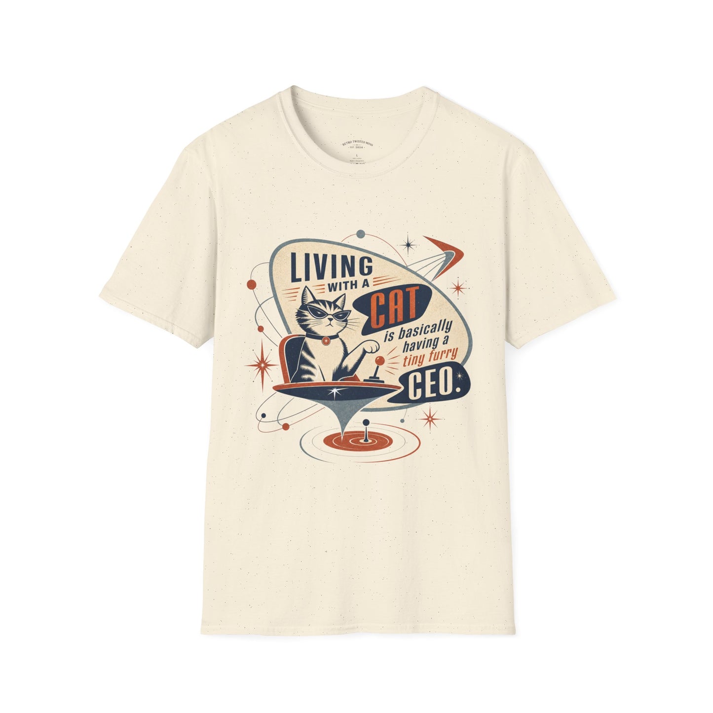 Cat T-Shirt — "Living with a Cat is Basically Having a Furry CEO" Retro Graphic