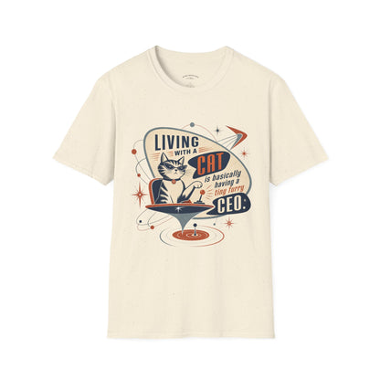 Cat T-Shirt — "Living with a Cat is Basically Having a Furry CEO" Retro Graphic