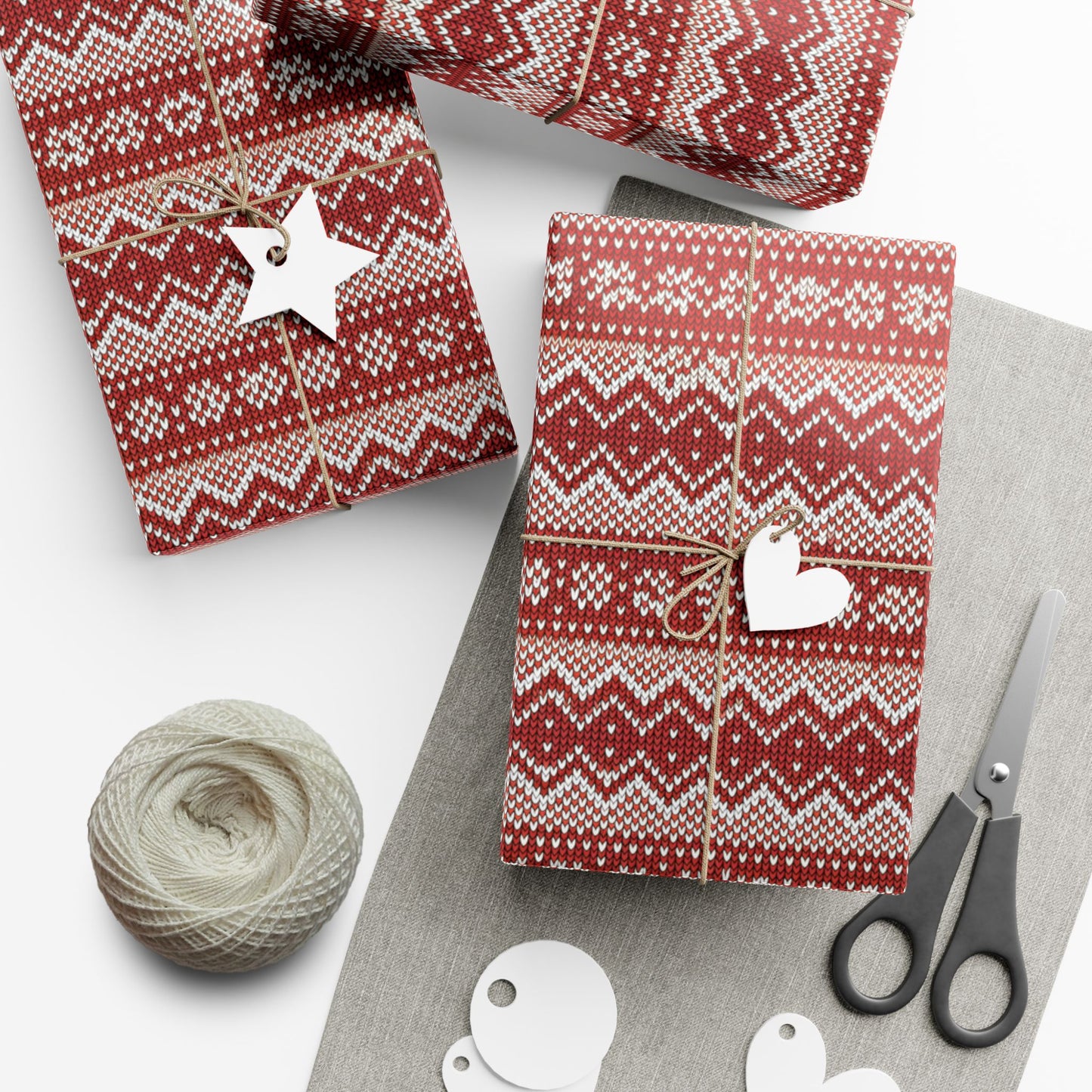 Holiday Knit-Pattern Gift Wrap Paper — Red Nordic Christmas Wrapping Sheets