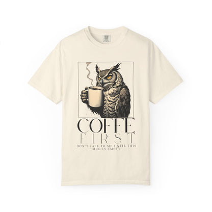 Coffee First Owl T-Shirt — Coffee Lover Graphic Tee