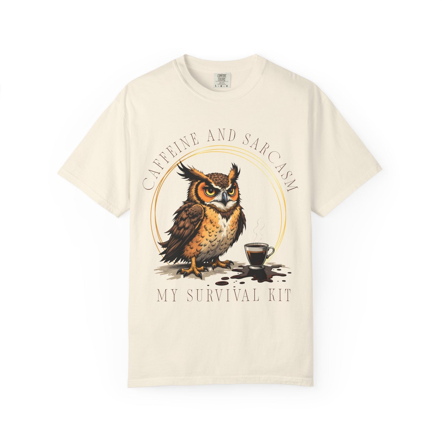 Coffee & Sarcasm Owl T-Shirt — "My Survival Kit" Graphic Tee