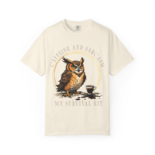 Coffee & Sarcasm Owl T-Shirt — "My Survival Kit" Graphic Tee