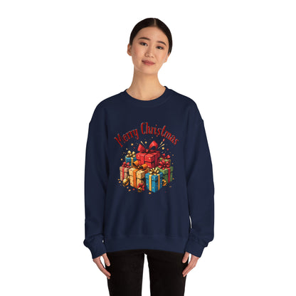 Christmas Crewneck Sweatshirt — "Merry Christmas" with Festive Gift Pile