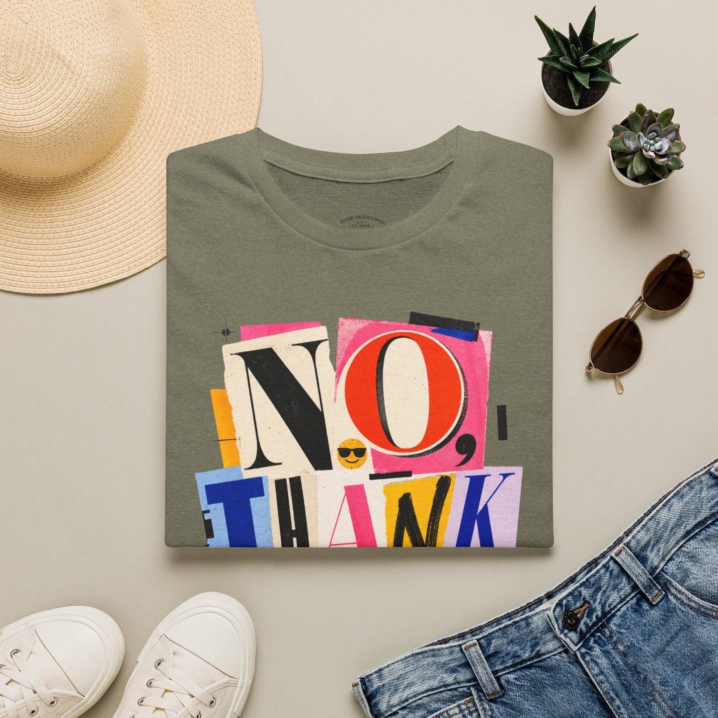 No, Thank You Graphic Tee — Colorful Bold Lettering T‑Shirt