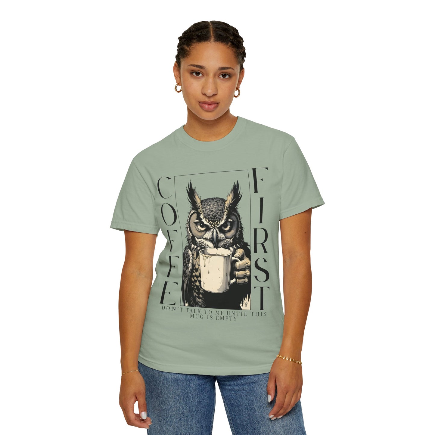 Coffee First Owl T-Shirt — Funny Morning Coffee Tee