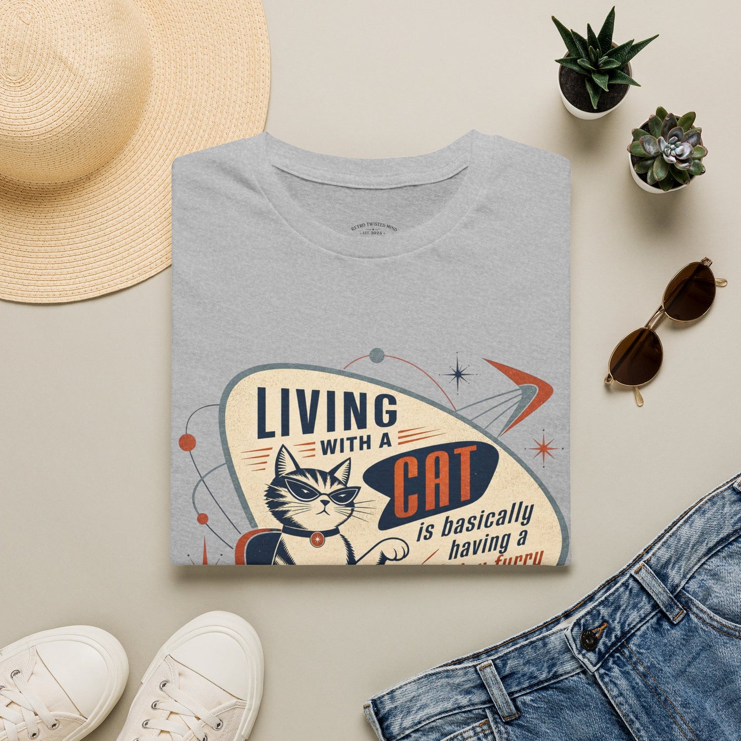 Cat T-Shirt — "Living with a Cat is Basically Having a Furry CEO" Retro Graphic