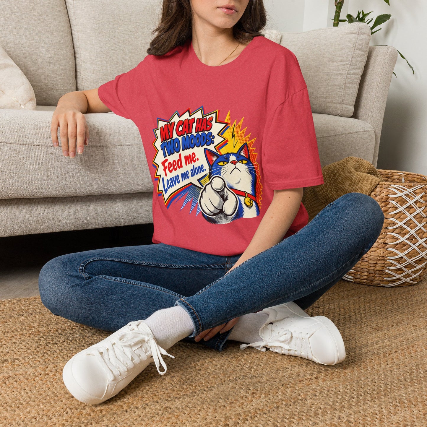 Cat T-Shirt — "My Cat Has Two Moods: Feed Me, Leave Me Alone" Funny Retro Comic Tee