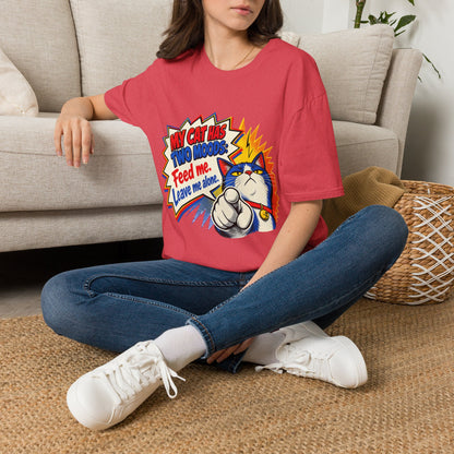 Cat T-Shirt — "My Cat Has Two Moods: Feed Me, Leave Me Alone" Funny Retro Comic Tee